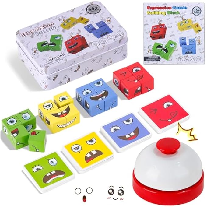 3D PUZZLE FACE CHANGING MAGIC CUBE, WOODEN CUBE PUZZLE, STORY CUBE, MASTUGART GAME, COLOURFUL MAGIC CUBE BUILDING BLOCK TOY FOR 3 4 5 6 7 CHILDREN WITH TABLE BELL - Image 1